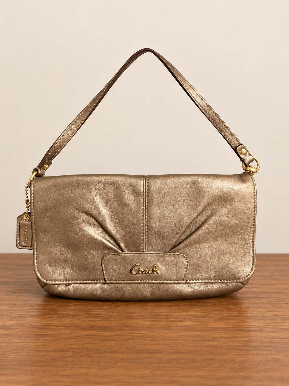 Coach Ashley Metallic Bronze Leather Large Flap Wristlet Clutch F45981